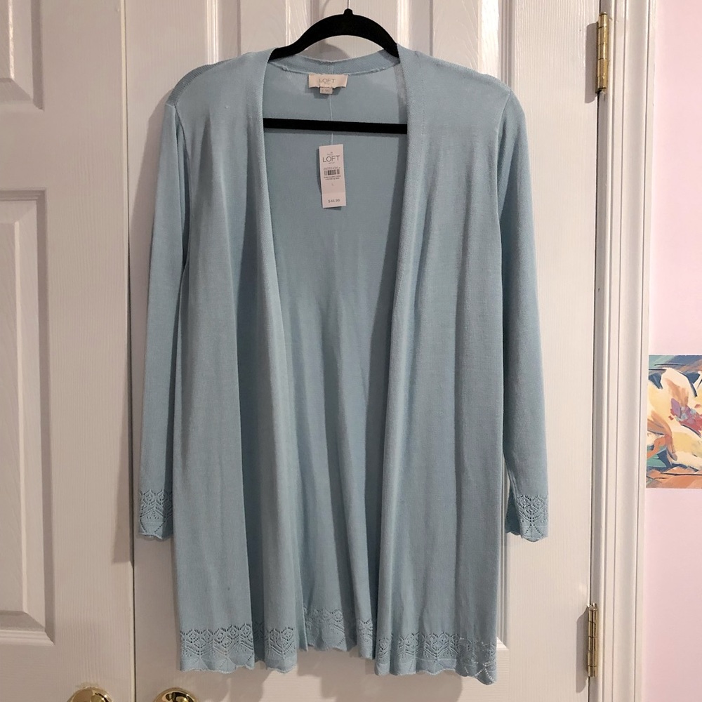 New, never worn LOFT cardigan, open front, large size, sea foam blue color